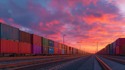 Fototapeta premium row of containers on rail freight cars stretching into horizon sunset light illustration concept scene visual for commercial design use high detail quality stock image illustration concept scene 