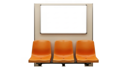 Three empty orange plastic chairs are arranged in a row in front of a blank whiteboard, isolated on a transparent background