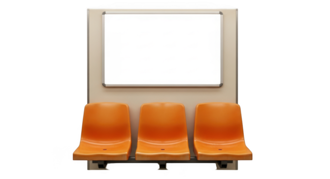Three empty orange plastic chairs are arranged in a row in front of a blank whiteboard, isolated on a transparent background