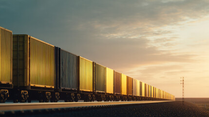Obraz premium row of containers on rail freight cars stretching into horizon sunset light illustration concept scene visual for commercial design use high detail quality stock image illustration concept scene 