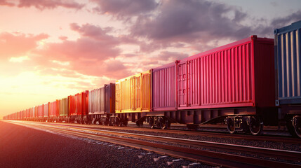 Obraz premium row of containers on rail freight cars stretching into horizon sunset light illustration concept scene visual for commercial design use high detail quality stock image illustration concept scene 