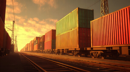 Fototapeta premium row of containers on rail freight cars stretching into horizon sunset light illustration concept scene visual for commercial design use high detail quality stock image illustration concept scene 