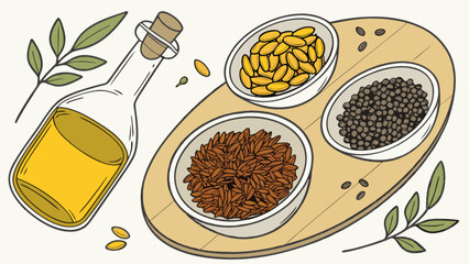 Flaxseed oil bottle with flax seeds golden flaxseeds and black seeds on a wooden board illustration