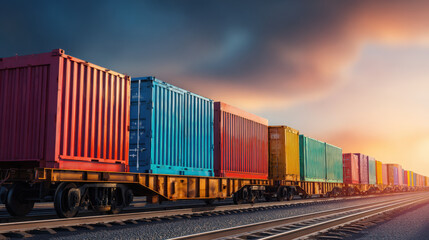 Obraz premium row of containers on rail freight cars stretching into horizon sunset light illustration concept scene visual for commercial design use high detail quality stock image illustration concept scene 