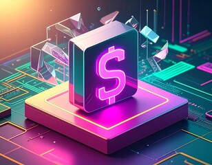A glowing neon dollar sign emblem sits atop a futuristic platform, surrounded by abstract digital circuitry and crystalline structures.
