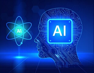 Conceptual illustration of artificial intelligence, depicting a human head with a circuit board design and an atom.