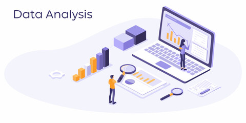 Obraz premium Data analysis concept with people analyzing charts and graphs on laptop and documents