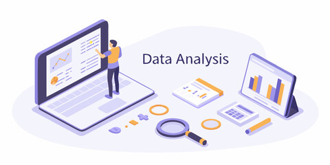 Isometric illustration of data analysis with charts graphs and magnifying glass on white background