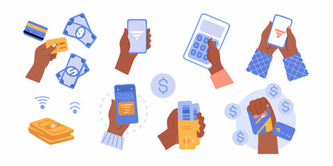 Diverse hands engaging in modern financial transactions using smartphones credit cards and cash
