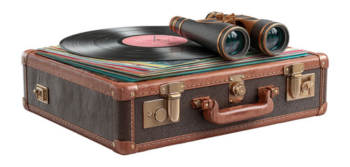Vintage Suitcase with Vinyl Records and Retro Binoculars
