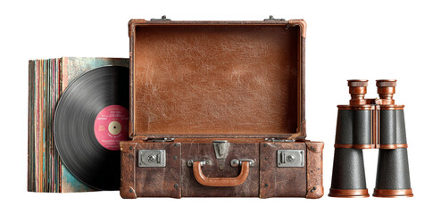 Vintage Vinyl Record Case with Binoculars and Record Collection