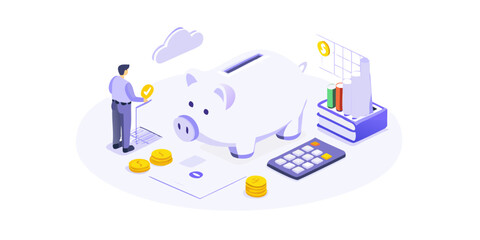 Obraz premium Isometric illustration of a person saving money in a piggy bank with coins calculator and books symbolizing financial growth and investment planning