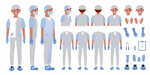 Collection of medical professionals in scrubs and protective gear with assorted medical instruments and accessories