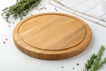 Empty round wooden cutting kitchen board on white background