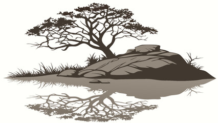 Illustration of a tree on a rock with reflection in water landscape scenery nature vector graphic design