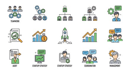 Colorful Business Icons Depicting Teamwork, Strategy, and Management Concepts.