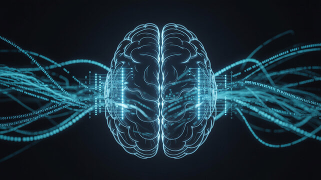 Digital brain with neural network connections and binary code streams for artificial intelligence concept