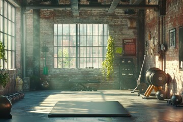Rustic Industrial Gym Interior with Sunlight Streaming Through Windows
