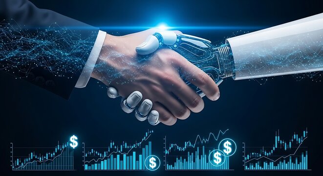 Human and robot shaking hands signifying fintech and artificial intelligence integration in finance