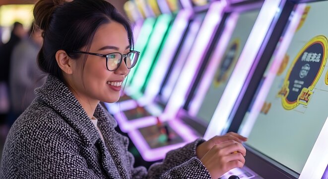 Woman interacting with financial technology kiosk digital interface for seamless transactions