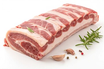 Twisted strip of pork raw meat on ribs with layers of fat on white background
