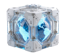 Futuristic Transparent Cube with Glowing Earth Animation Inside