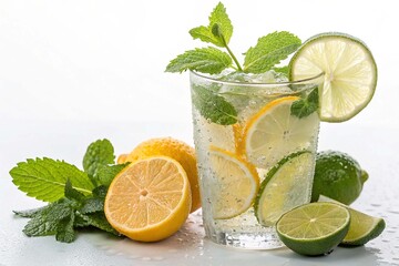Cold drink made from pieces of lemon, lime and leaves of green mint in a glass with water drops on white background