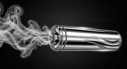 Chromeplated cylindrical object emitting wisps of white smoke on black background