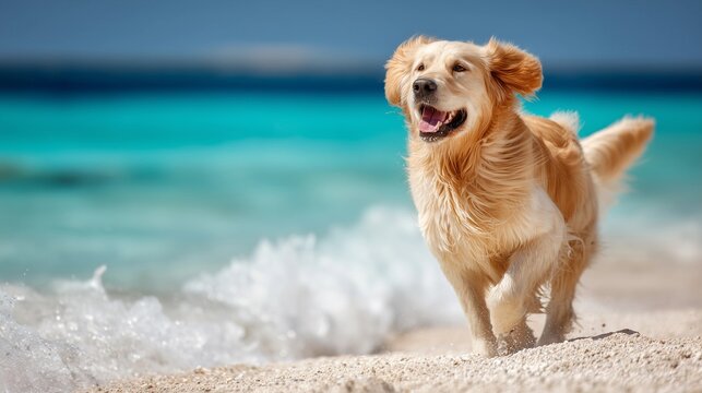 Golden retriever dog running on beach,smiling and having fun,joyful moment,copy space,web banner.