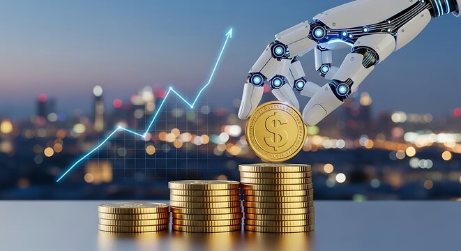 Robot hand adding gold coins to stack future finance technology growth cityscape background