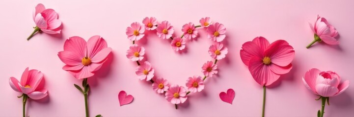 Fototapeta premium Delicate pink flowers arranged as hearts on pastel pink backdrop Flat lay , floral arrangement, copy space, gentle