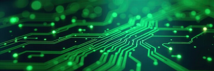 Green circuit board with intricate pathways against a blue gradient backdrop , surface, PCB