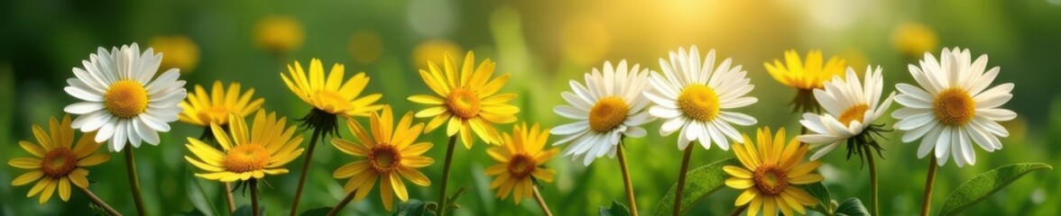 Fototapeta premium Intricate details, daisy & dandelion blossoms, field, meadow, flora