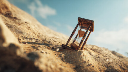 Fototapeta premium rusted metal hourglass buried halfway in desert dune weathered history theme illustration concept scene visual for commercial design use high detail quality stock image illustration concept scene