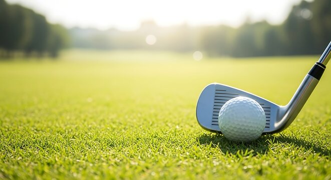 A golf club poised to strike a white golf ball on a lush green golf course.