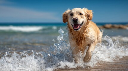 Golden retriever dog running on beach,smiling and having fun,joyful moment,copy space,web banner.