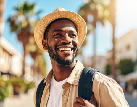 Sunlit Portrait of a Happy Black Man in a Straw Hat on a Tropical Getaway. - Powered by Adobe