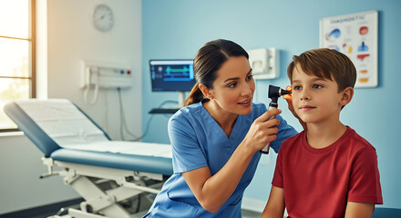 Health Checkup: A caring healthcare professional examines a young patient's ear in a sterile examination room. Capturing a moment of care and trust within the medical journey.