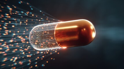 Glowing capsule with particles flying, symbolizing health, medicine, and innovation in pharmaceutical technology and treatment