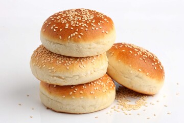 Stack of baked whole round bun with sesame seeds made from white wheat flour on white background