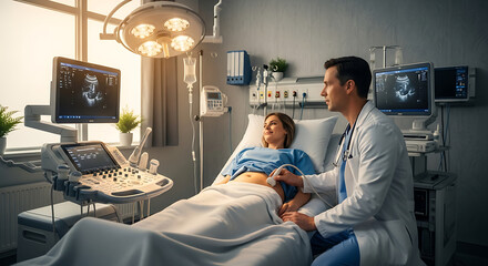 Medical Examination with Ultrasound: A patient reclines in a state-of-the-art medical environment while a doctor expertly conducts an ultrasound examination.