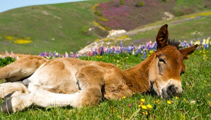 Obraz premium A young donkey rests peacefully in a vibrant meadow