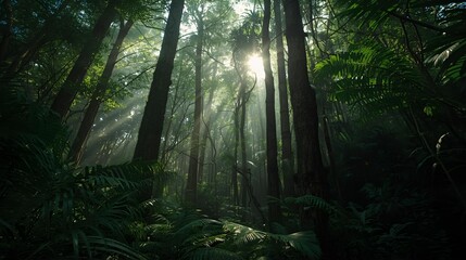 Fototapeta premium Enchanted Forest Sunlit Canopy in Lush Green Woods