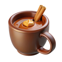 A warm cup of hot chocolate with cinnamon sticks and a dollop of whipped cream, isolated on a transparent background