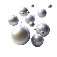 A collection of shimmering silver spheres and pearls float gracefully against a clean transparent background, creating a sense of elegance and luxury