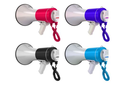Four colorful megaphones isolated on transparent background
