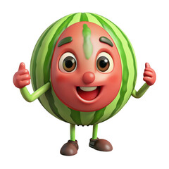 A cheerful cartoon watermelon character with a face and arms gives a thumbs up with both hands, isolated on a transparent background