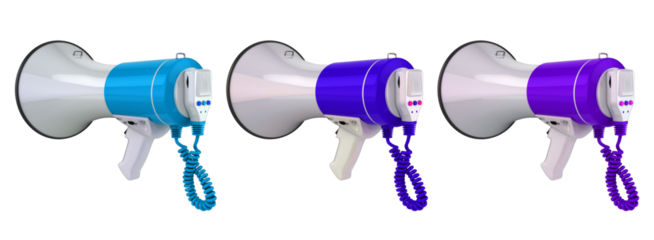 Three colorful megaphones isolated on transparent background