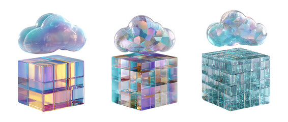 Colorful Translucent Cubes with Ethereal Clouds Above in 3D Design
