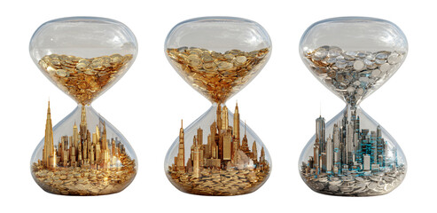 Hourglass with Cities and Coins Representing Time and Wealth Growth